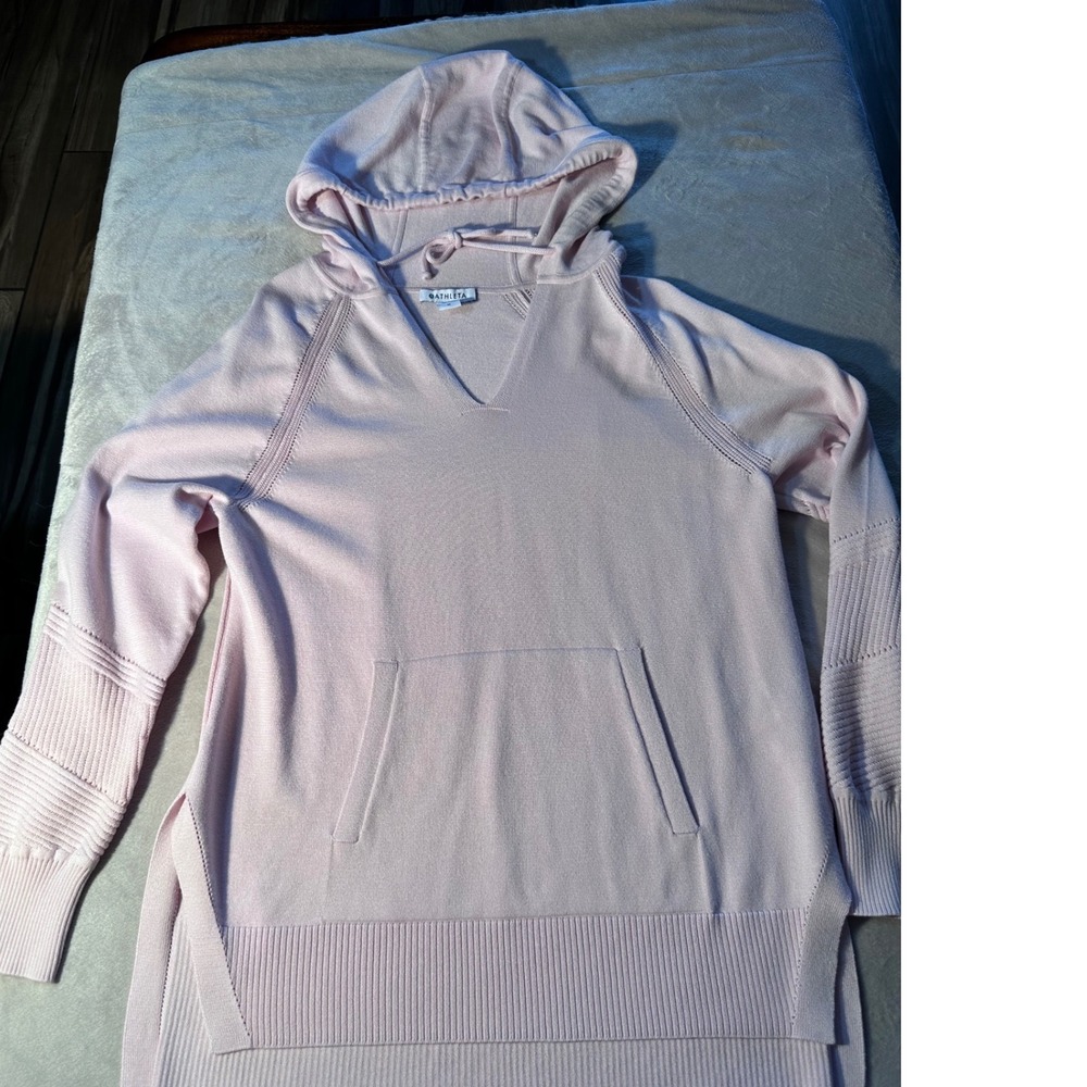 Athleta Womens Pink V-Neck Knit Hoodie Sweater Ribbed Sleeve Kangaroo Pocket M